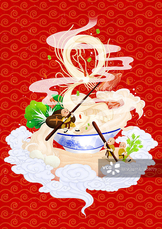 传统新年红包与装饰背景插画河南烩面少林寺小和尚图片素材