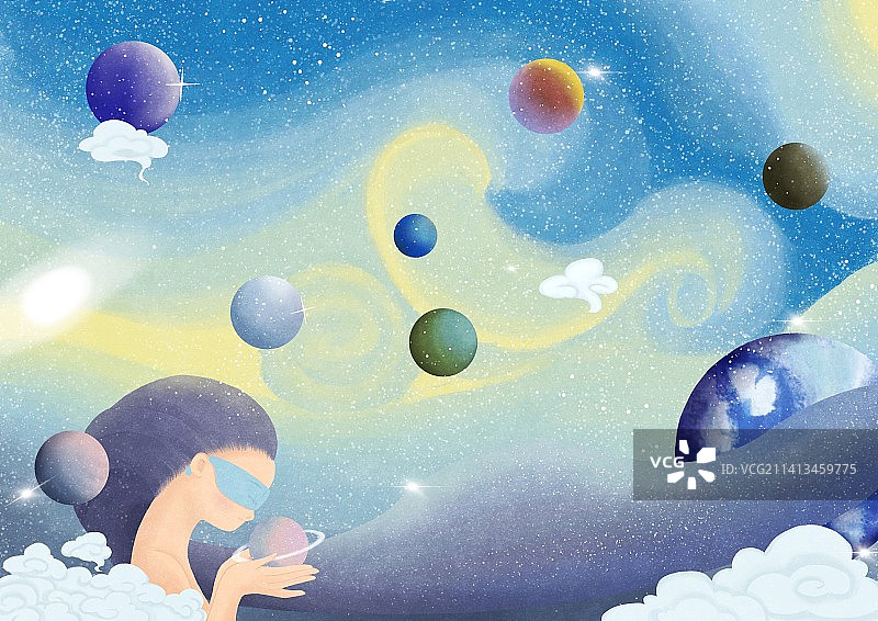 创意插画背景元宇宙通过眼镜探索星空的女孩图片素材