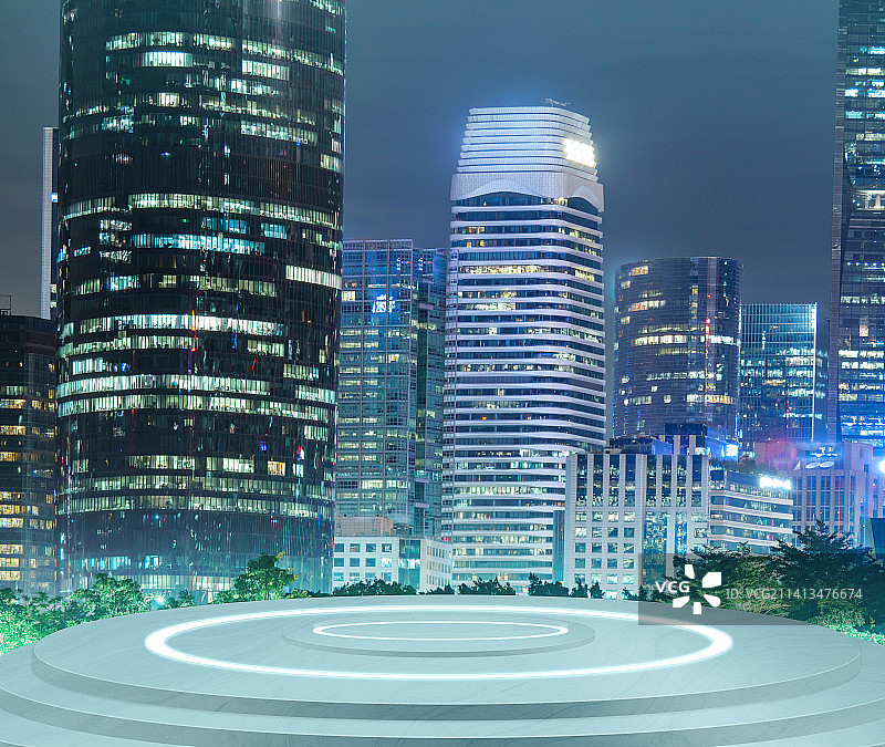 夜间质感灯光摩天高楼大厦LED发光托盘空白展示台行业产品演示发布会营销陈列广告位展示位家轿汽车背景图图片素材