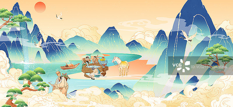 国潮插画山水风景图片素材