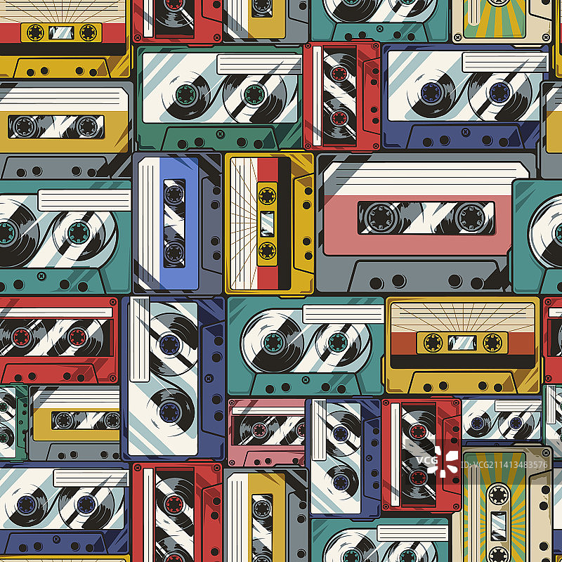 彩色卡式磁带无缝图案图片素材