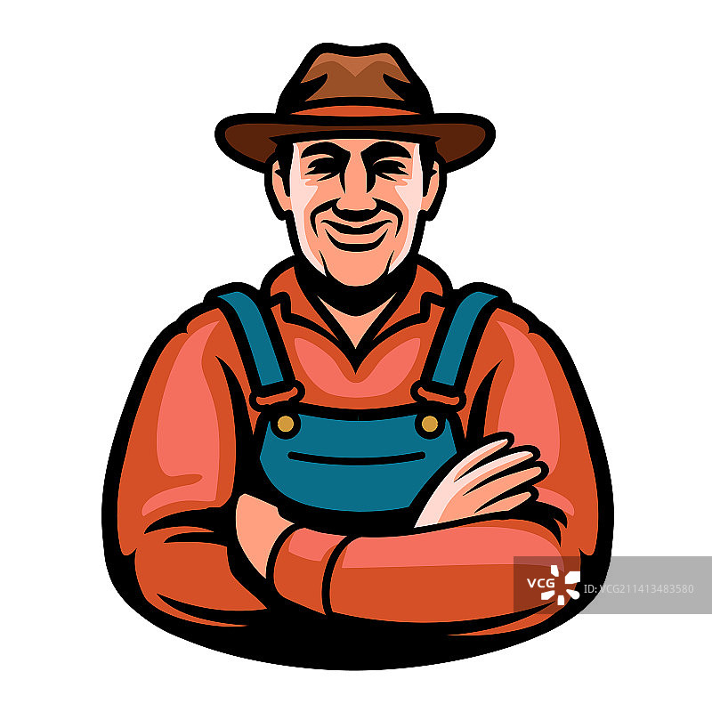 戴帽子和背带裤的快乐农夫标志图片素材