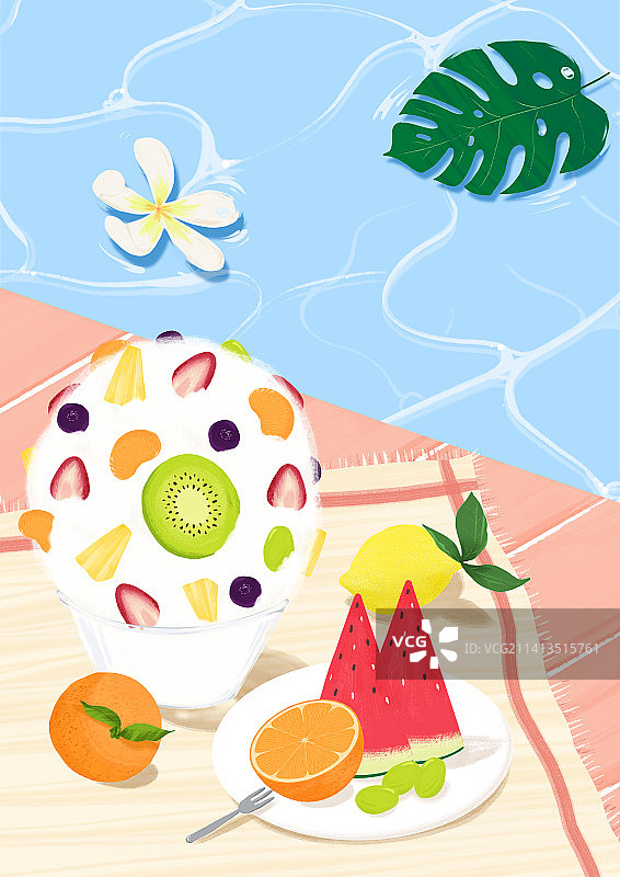 夏季水果刨冰，水果泳池鲜花图片素材