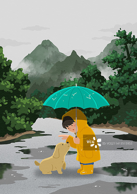 夏季雨季：儿童、雨衣、小狗和宠物狗图片素材