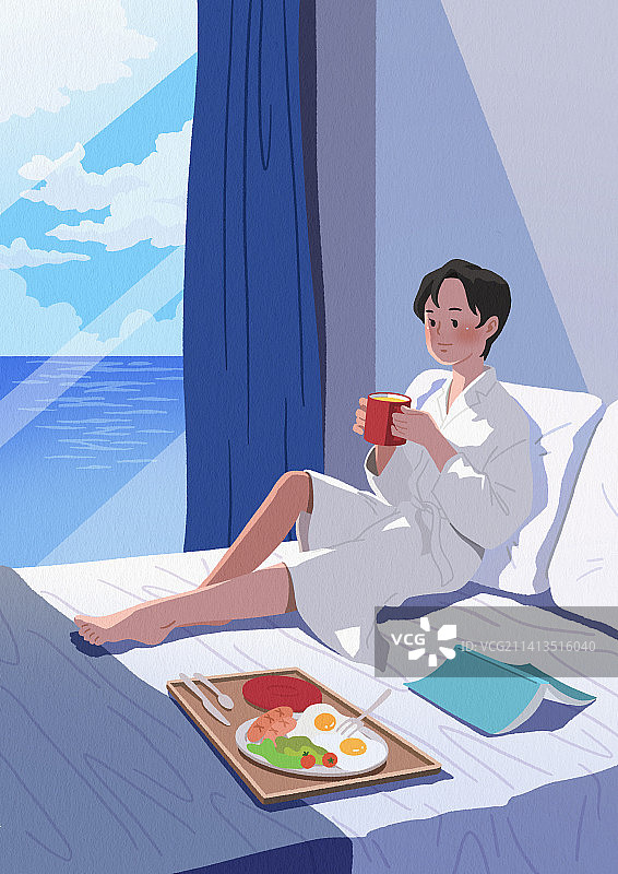 夏季旅行度假，酒店客房海景，客房服务，阅读咖啡和女人图片素材