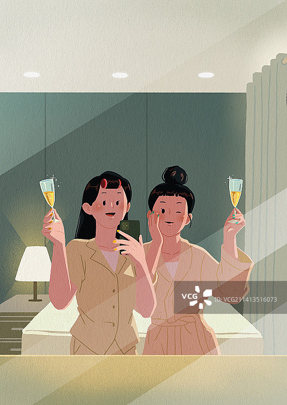 夏季旅行度假酒店香槟朋友自拍图片素材