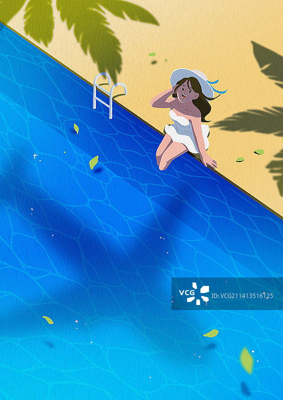 夏季度假泳池边的泳装女士图片素材