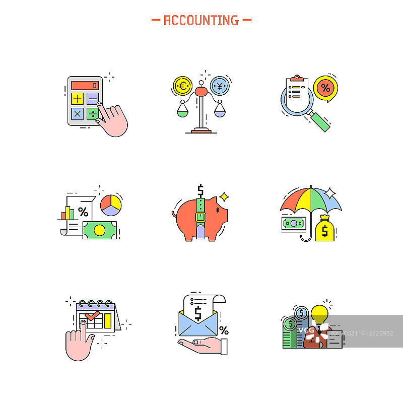 图标、线条艺术、计算器、小猪存钱罐、天平、账簿、货币、雨伞、文书工作、日记、汇率、投资、金融、经济图片素材