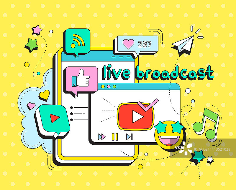 社交网络、Wi-Fi、互联网、流媒体、点赞图标、直播、广播、启动按钮、聊天窗口、红心、气泡、音乐图标设计元素图片素材