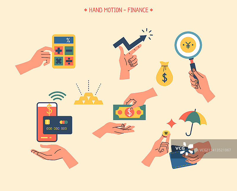手势动作图标集：金融经济、计算器利率、货币美元符号、钱袋钱包信用卡、汇率手机黄金图片素材