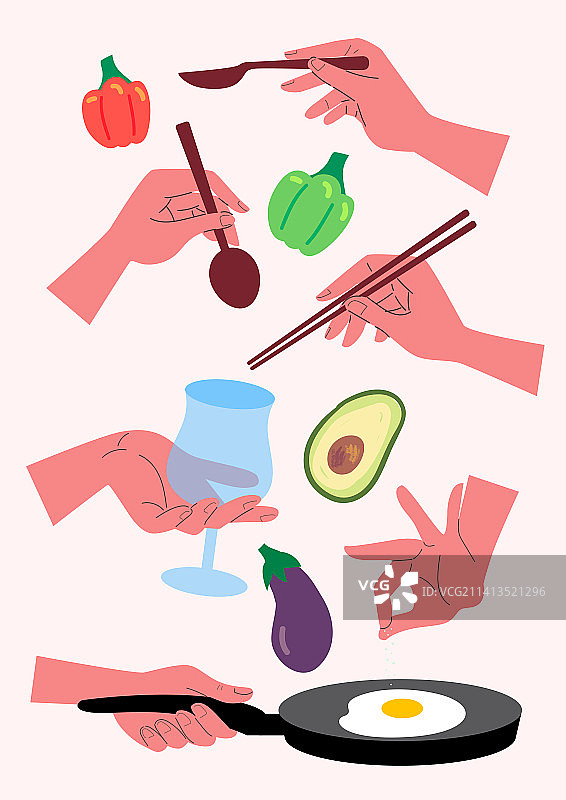 手部动作、筷子、勺子与煎蛋烹饪图片素材