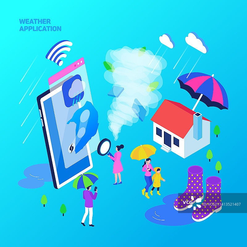 天气手机App，智能手机，天气预报，龙卷风，暴风云，雨伞，房子，靴子图片素材