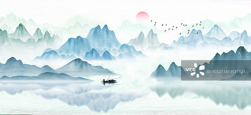 蓝色山水画背景插画图片素材