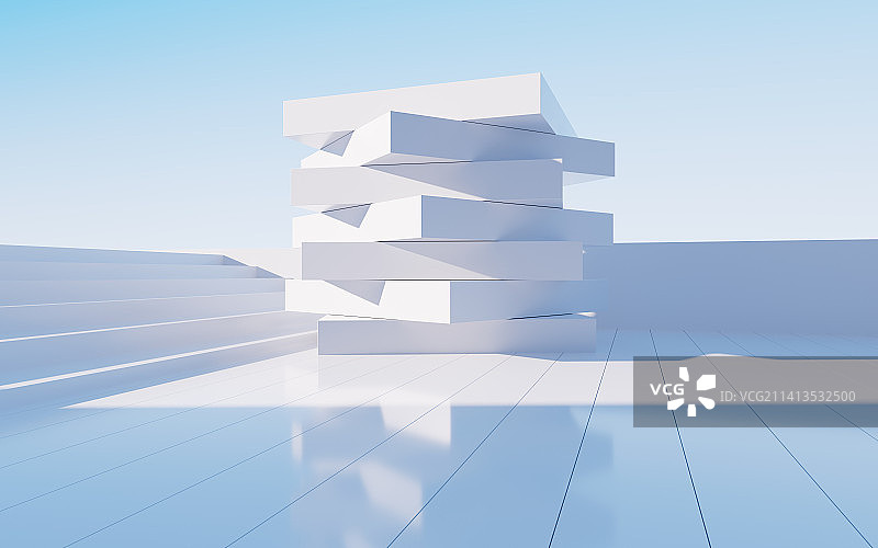 白色室外抽象几何建筑场景3D渲染图片素材
