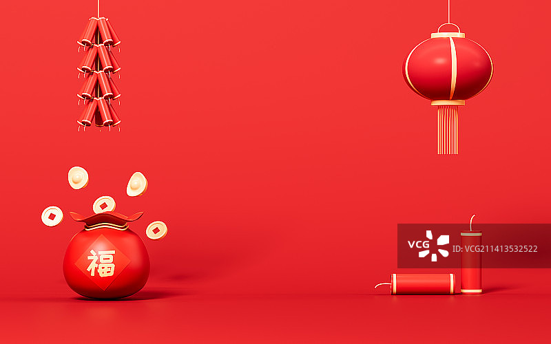 福袋与红包春节场景3D渲染图片素材