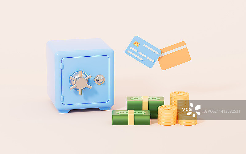 保险箱与现金3D渲染图片素材