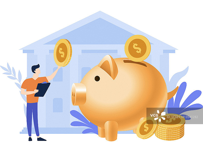 金融储蓄银行存钱存款小猪硬币货币收入投资收益扁平插画图片素材