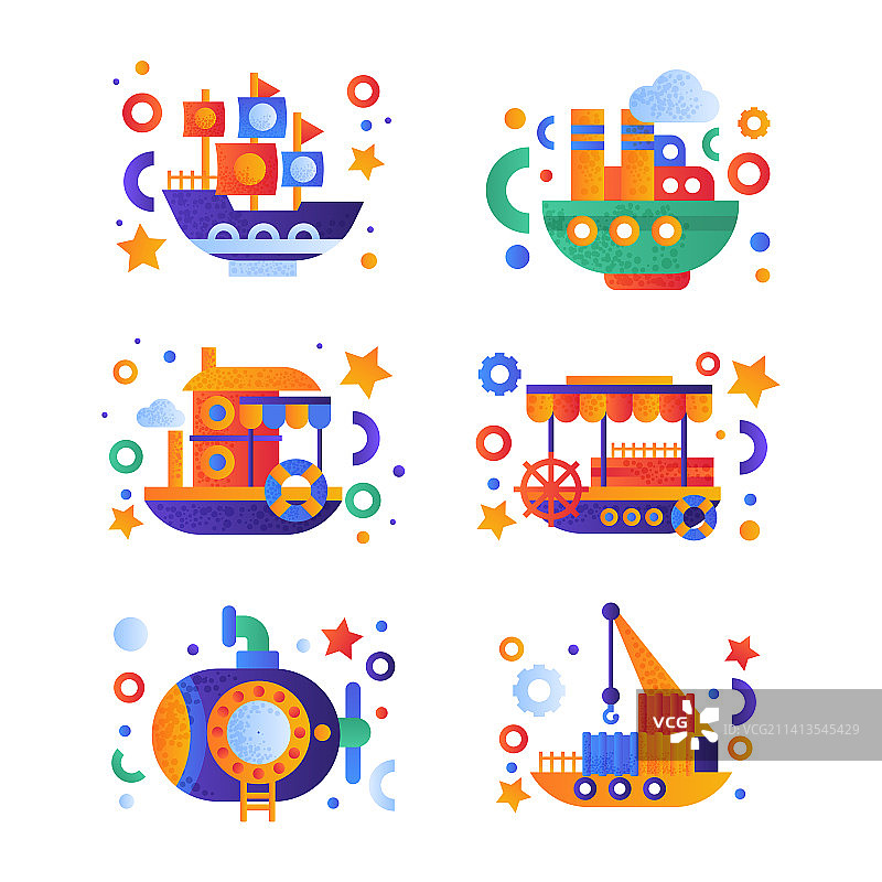 扁平风格的船和海上船只彩色图标图片素材