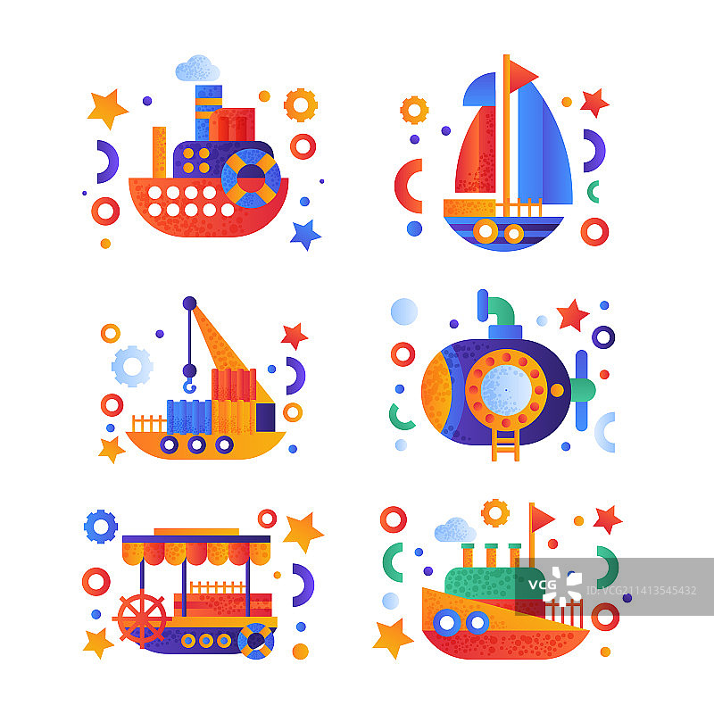扁平风格的船和海上船只彩色图标图片素材