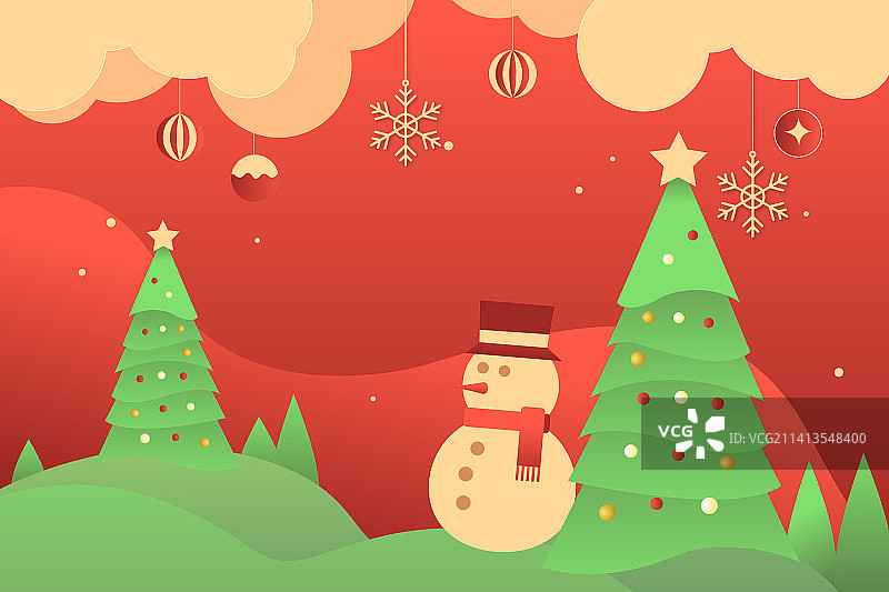 圣诞节日雪花雪人松树圣诞树礼物吉祥喜庆扁平插画图片素材