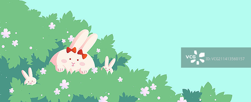 蓝天下头戴蝴蝶结的淡粉小兔从灌木丛中冒出来图片素材