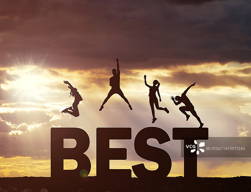 一群青年人跳跃着庆祝成功,英文字母BSET,剪影图片素材