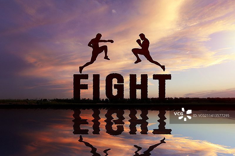 两个青年人腾空而起剪影,字母FIGHT,对决竞争概念图片素材