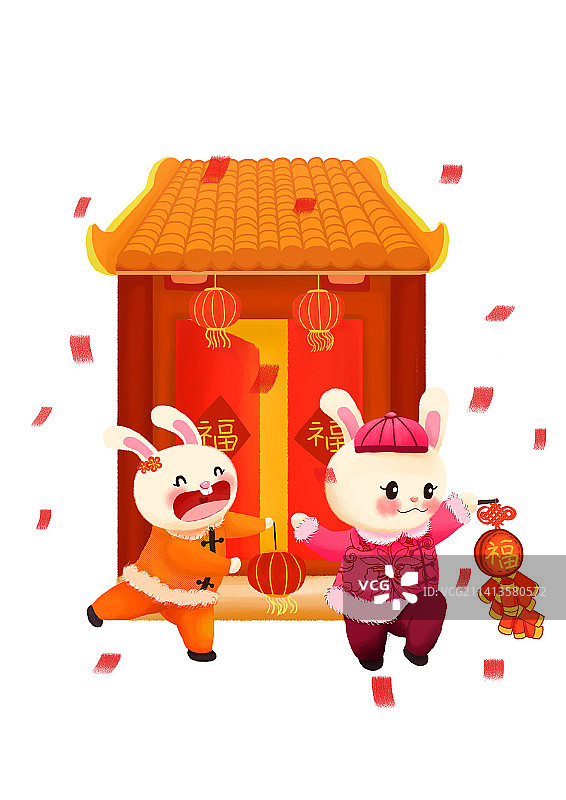 图库任务兔年年俗,图库任务春季节气,鱼雨桐年俗插画,兔年年俗,桃花运,生肖新年,气节立春,春节图片素材