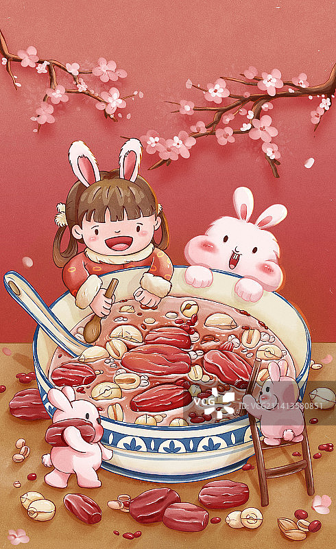 小女孩和小兔子一起喝腊八粥图片素材
