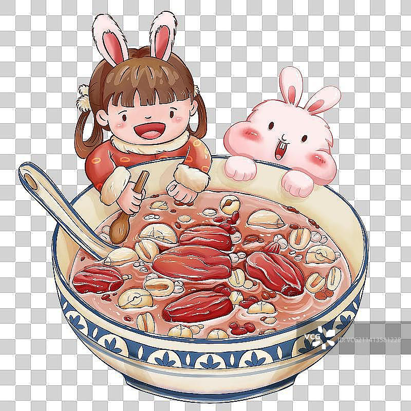 小女孩和小兔子一起喝腊八粥图片素材