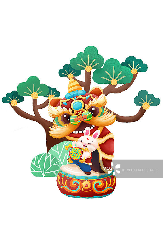 务兔年年俗,舞狮,鱼雨桐年俗插画,兔年年俗,摇钱树,打鼓,生肖新年,气节立春,植物图片素材