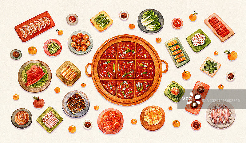新年除夕麻辣火锅年夜饭手绘水彩插画图片素材