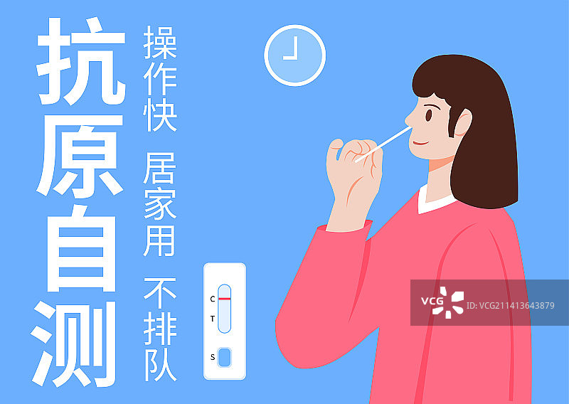 抗原自测矢量海报模版，女生做抗原自测矢量插画，鼻拭子测试，疫情防护，抗原试剂盒图片素材