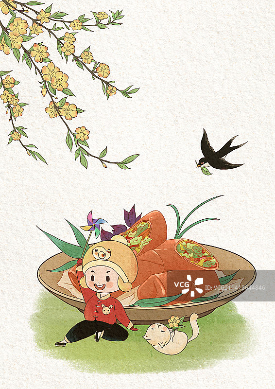 春天迎春花下男孩猫咪春卷图片素材