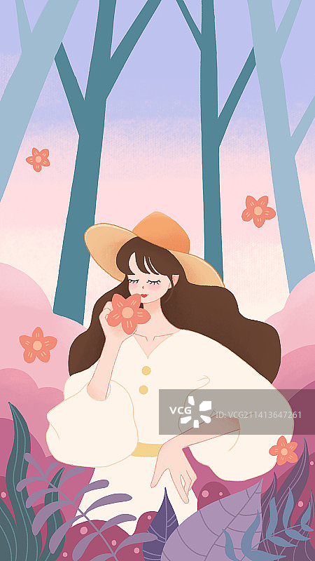 森系插画森林女孩粉红花朵树林图片素材