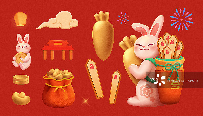 可爱兔子抱黄金胡萝卜求签新年素材组合图片素材