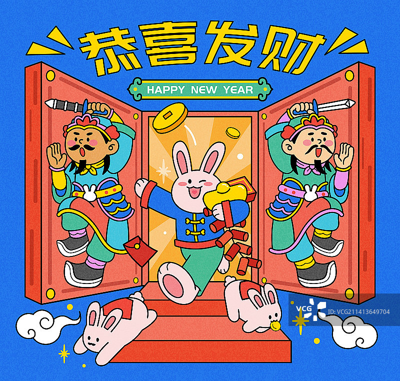 可爱卡通门神与兔子新春插图图片素材