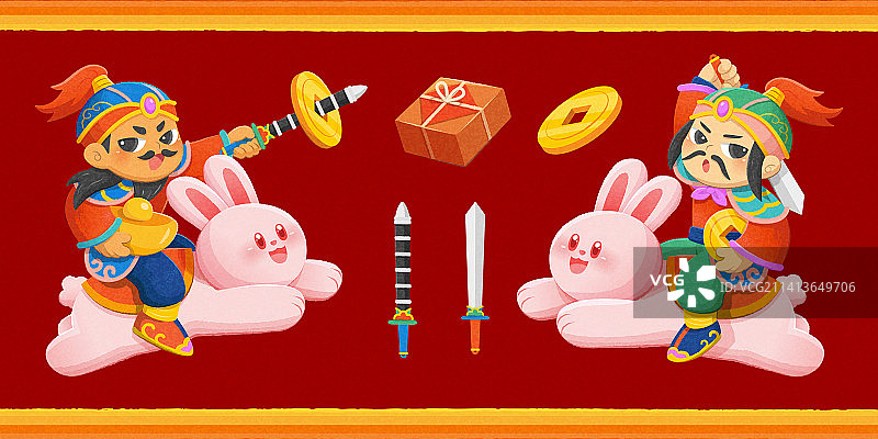 门神与兔子坐骑手绘质感新年素材组合图片素材