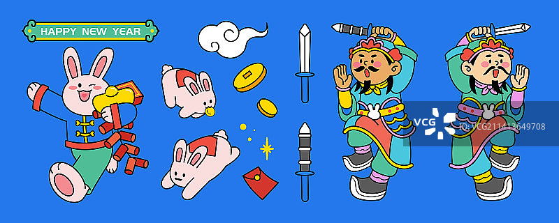 可爱卡通门神与兔子新年素材组合图片素材