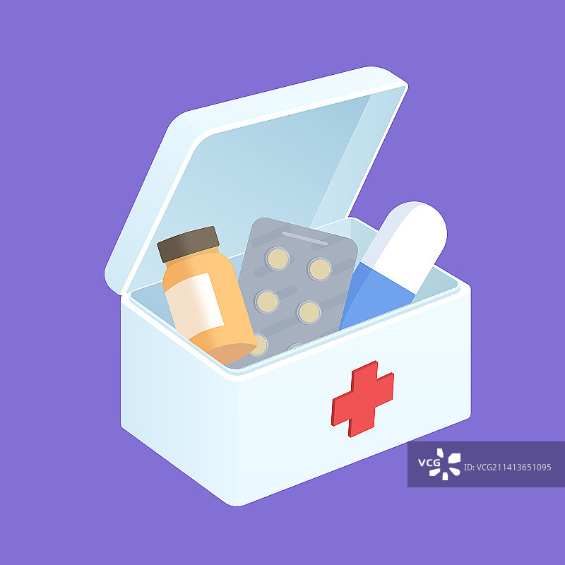 医药箱里的药物胶囊手绘插画图片素材