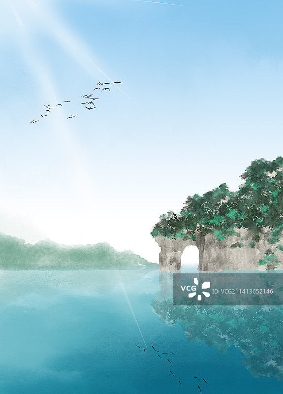 桂林山水蓝色插画图片素材