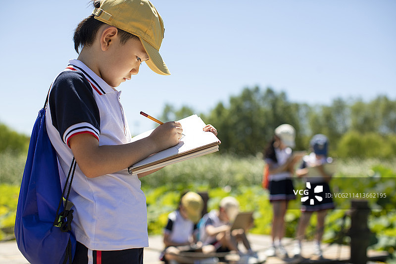 快乐的小学生在户外写生图片素材
