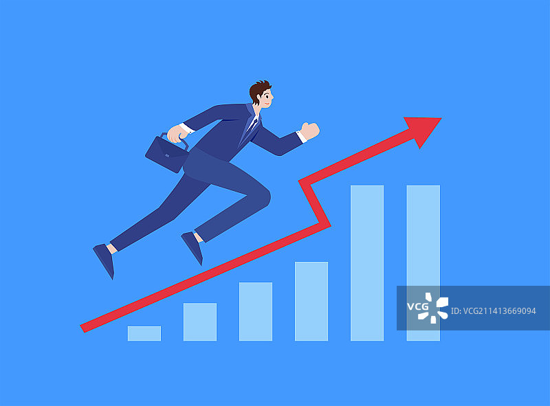 西装男人向目标跑矢量插画，高端理财股市箭头涨幅上涨互联网金融证券活动，奔跑的商人努力工作概念赚钱图片素材