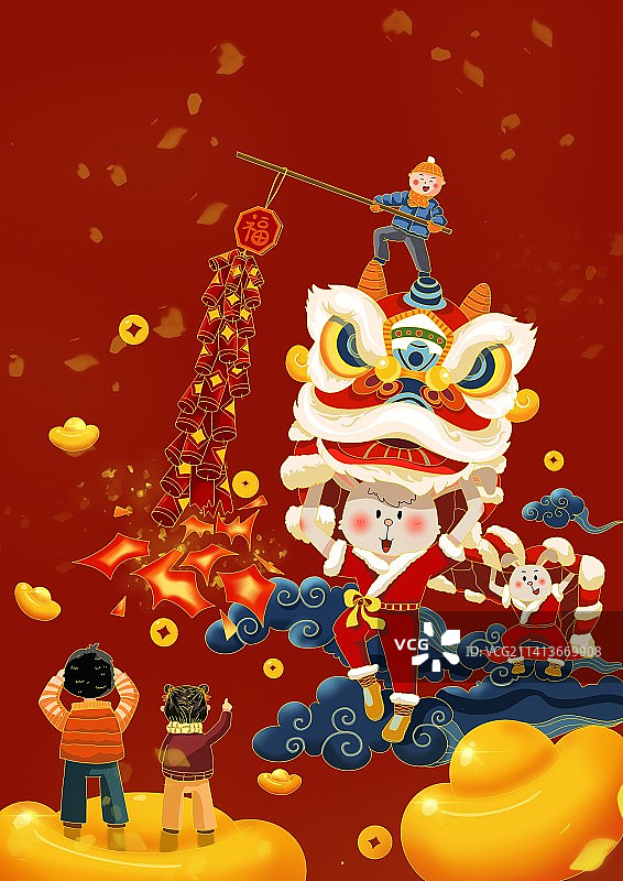 过年了，醒狮舞动起来，鞭炮响起来，好一派热闹的景象图片素材