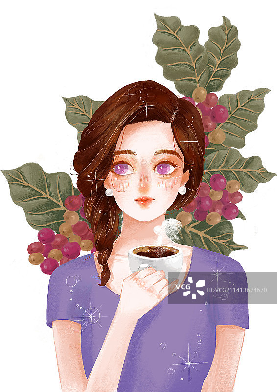咖啡手绘小清新白领女性图片素材