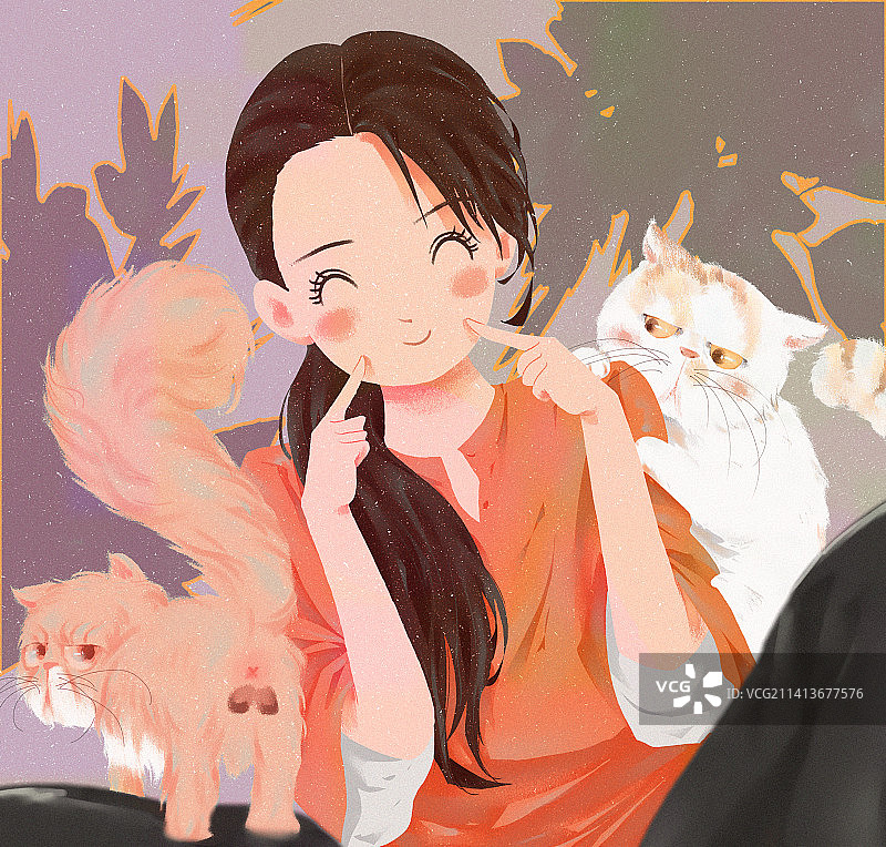 长发女孩和猫咪甜蜜偏平插画图片素材