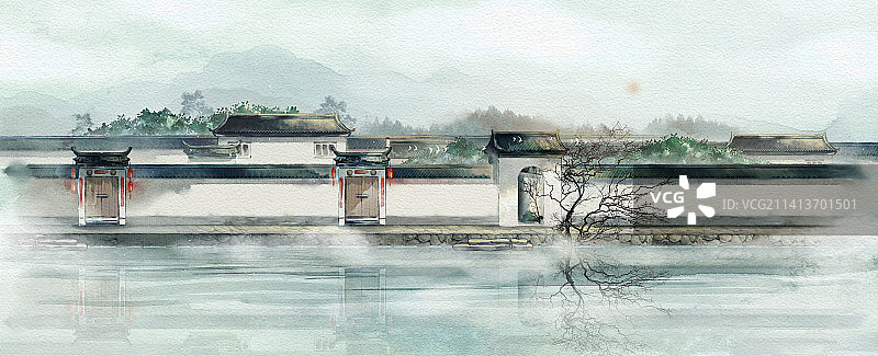 江南水乡古风水墨风景插画图片素材