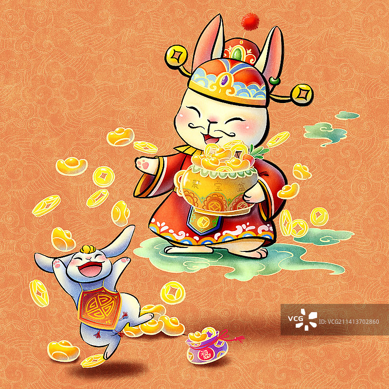 大年初五迎财神可爱国风兔年年俗插画图片素材