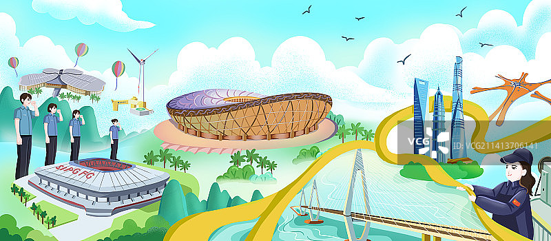 人物建筑扁平插画图片素材