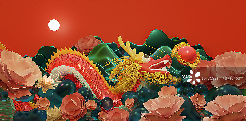 鲜花中的龙图片素材